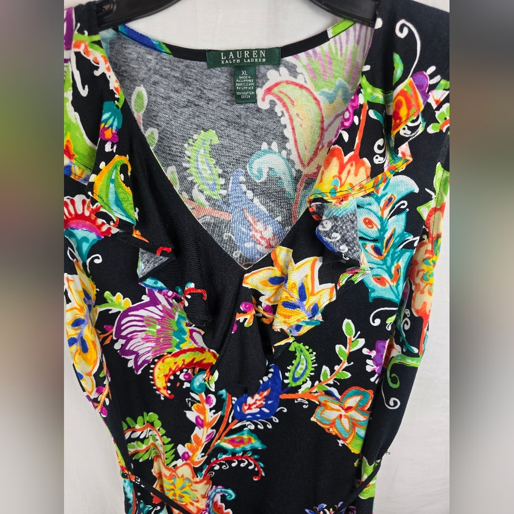 Lauren Ralph Lauren Colorful Floral Ruffled Vneck Sleeveless Dress w/tie Sz XL - Picture 3 of 11